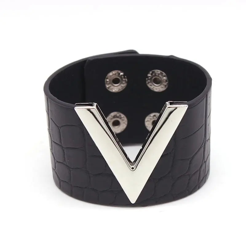 Showlu Store Nation crack leather V-word wide punk cuff bracelet for women, featuring a bold, edgy design and soft, durable leather.