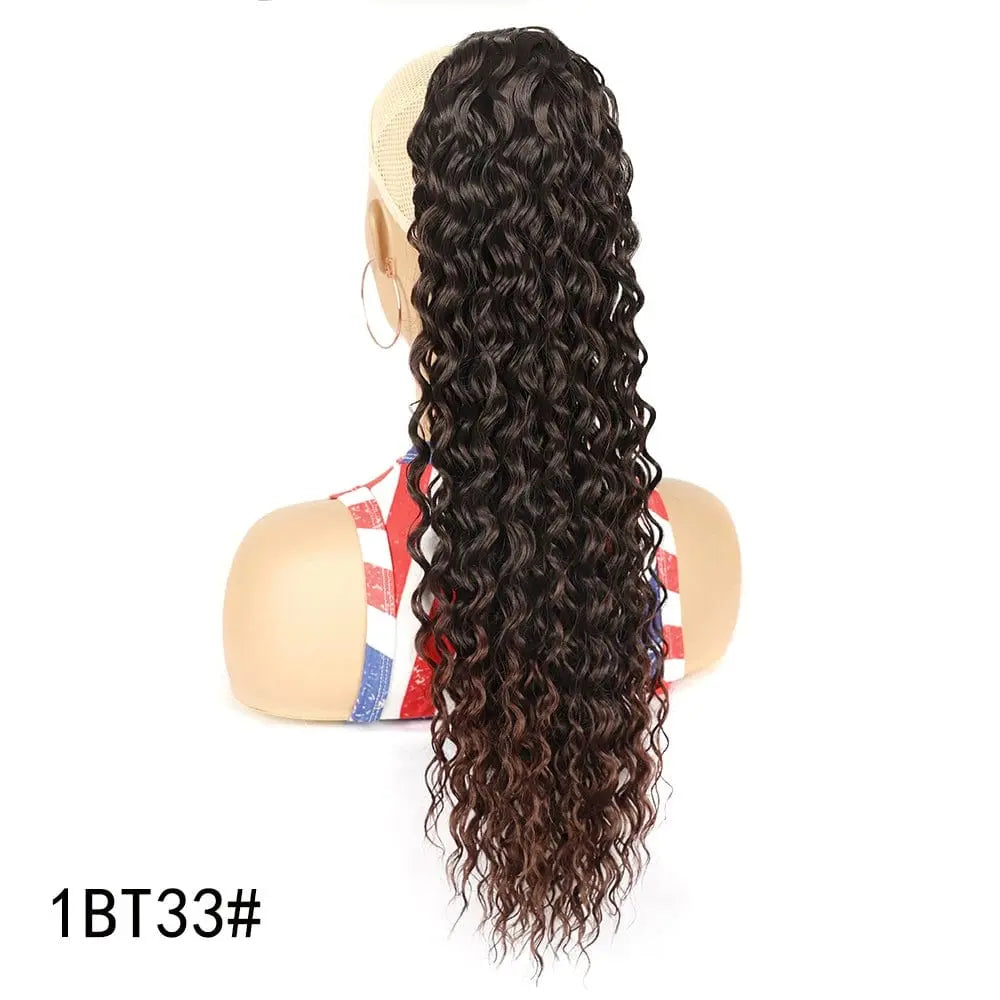 Showlu Fashion elastic net drawstring wig with high temperature silk hair, European-American chemical fiber style, black color