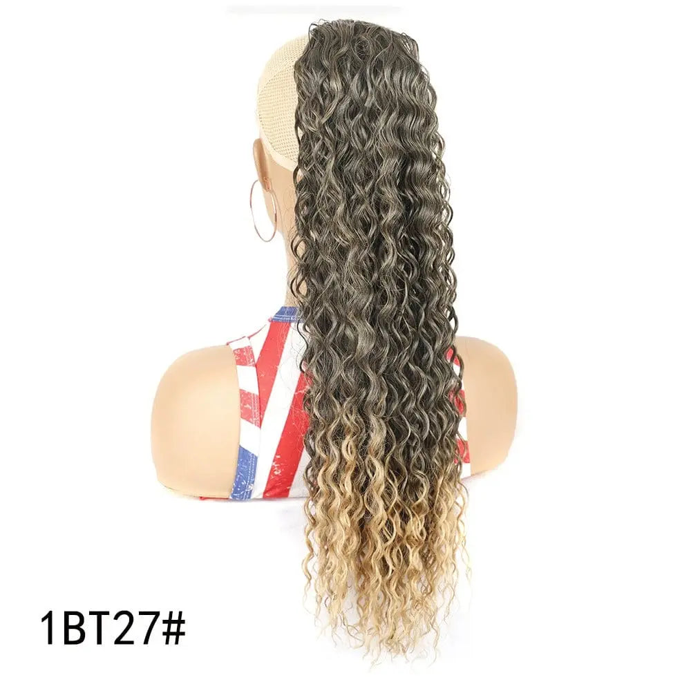 Showlu Fashion elastic net drawstring wig with high temperature silk hair, European-American style, black synthetic fiber, adjustable fit