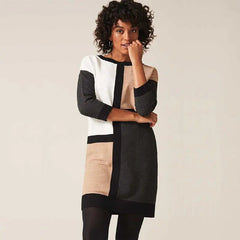 Showlu Fashion Store 50010850 European and American Entry Lux Crew Neck Loose Slim Looking Contrast Color Casual Ol Knitted Dress Export Original Sample Women's Clothes plus Size Early Autumn