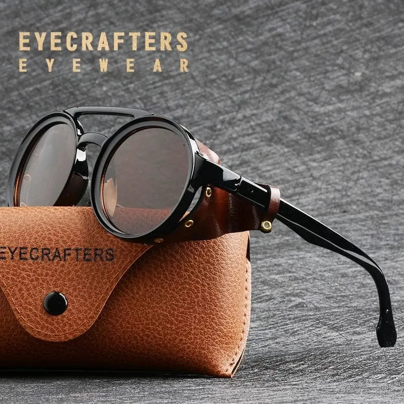 Showlu Fashion Steampunk round sunglasses with retro leather side covers, featuring vintage-inspired eyewear for men and women.