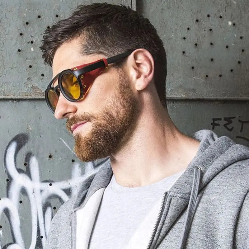 Steampunk round sunglasses with retro leather side covers, stylish eyewear from Showlu Fashion Store, suitable for men and women.