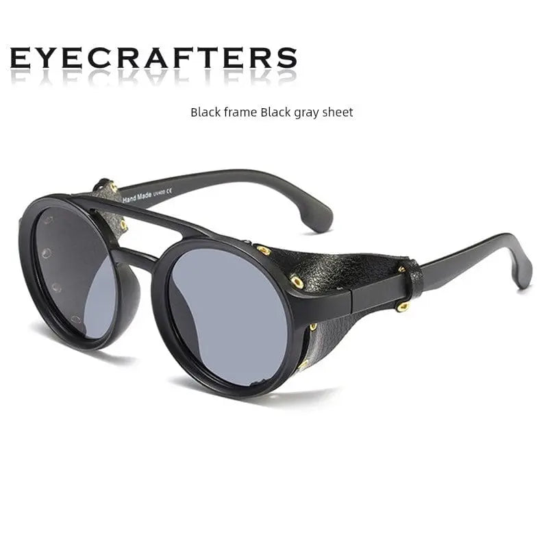 Steampunk round sunglasses with leather side covers from Showlu Fashion Store, featuring a vintage European-American style.