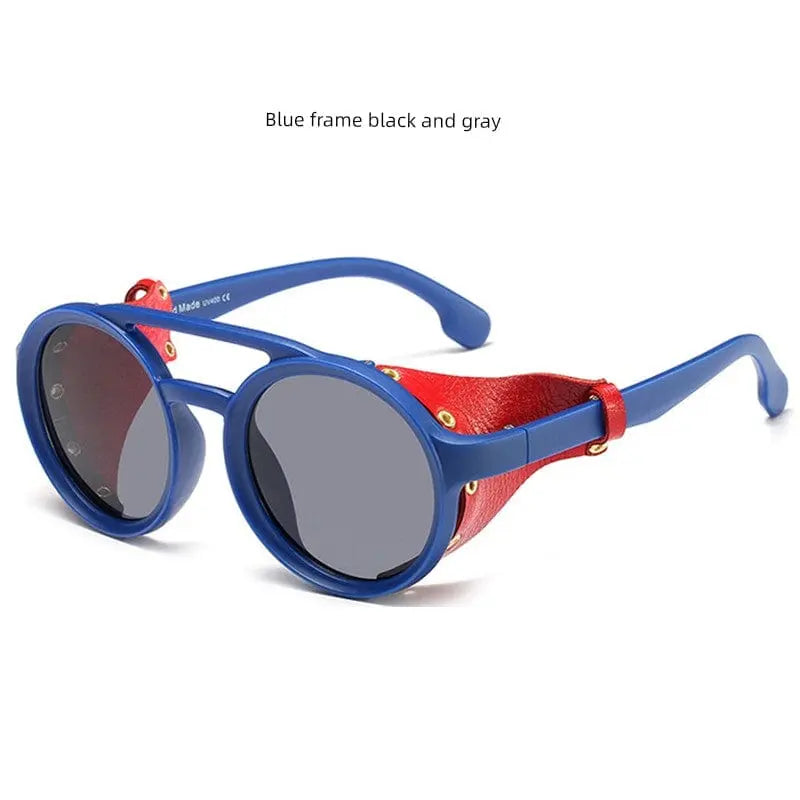 Steampunk round sunglasses with retro leather side covers, stylish European-American design, by Showlu Fashion Store.