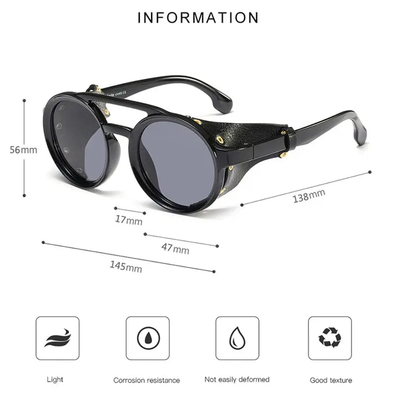 Steampunk round sunglasses with retro leather side covers, stylish European and American fashion accessory, unisex design