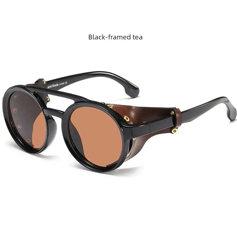 Steampunk round sunglasses with retro leather side covers, stylish fashion eyewear for men and women.