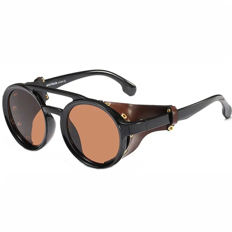 Steampunk round sunglasses with leather side covers, stylish retro design for men and women, by Showlu Fashion Store.