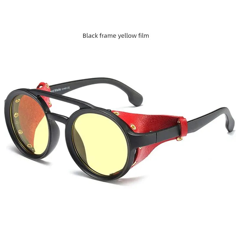 Steampunk round sunglasses with leather side covers, showing vintage-inspired design and metal frame for men and women.