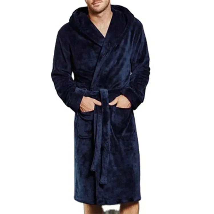 Men's thick hooded winter nightgown with long sleeves and pouch, designed for warmth by Showlu Fashion.