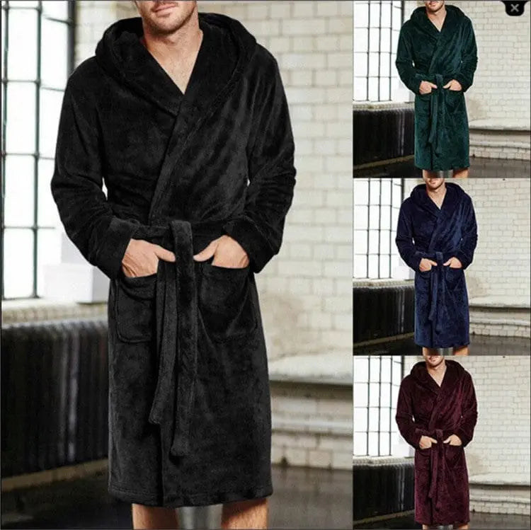 Men's thick hooded winter nightgown with long sleeves and pouch by Showlu Fashion, designed for warm comfort during cold nights.