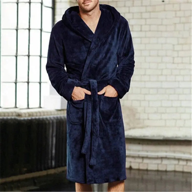 Men's thick hooded winter nightgown with long sleeves and pouch, designed for warmth and comfort by Showlu Fashion.