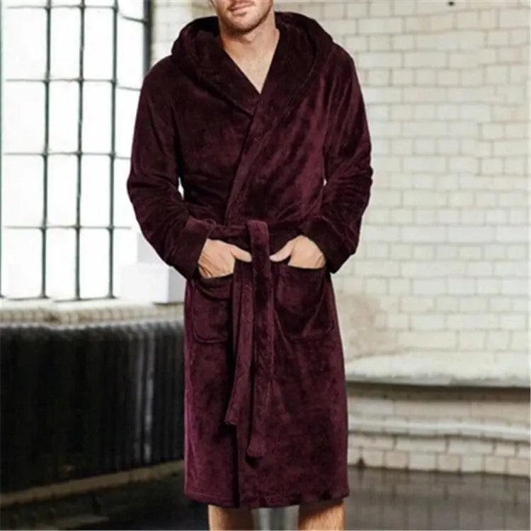 Men's thick hooded winter nightgown with long sleeves and pouch, designed for warmth and comfort by Showlu Fashion.