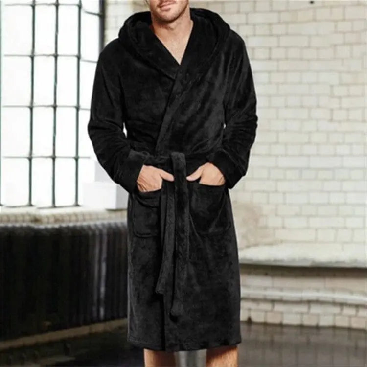 Men's extra thick hooded winter nightgown with long sleeves and pouch, designed for warmth and comfort by Showlu Fashion.