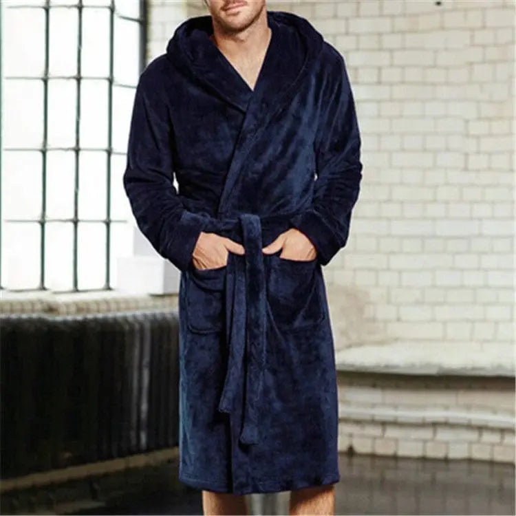 Showlu Fashion men's extra thick hooded winter nightgown with long sleeves and pouch, designed for warmth and comfort.
