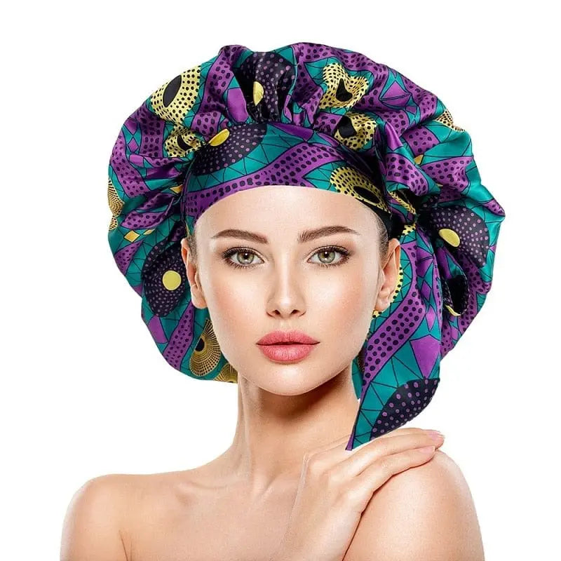 African print satin bonnet with adjustable wide band, elastic head wrap, perfect for night sleep and hair protection.