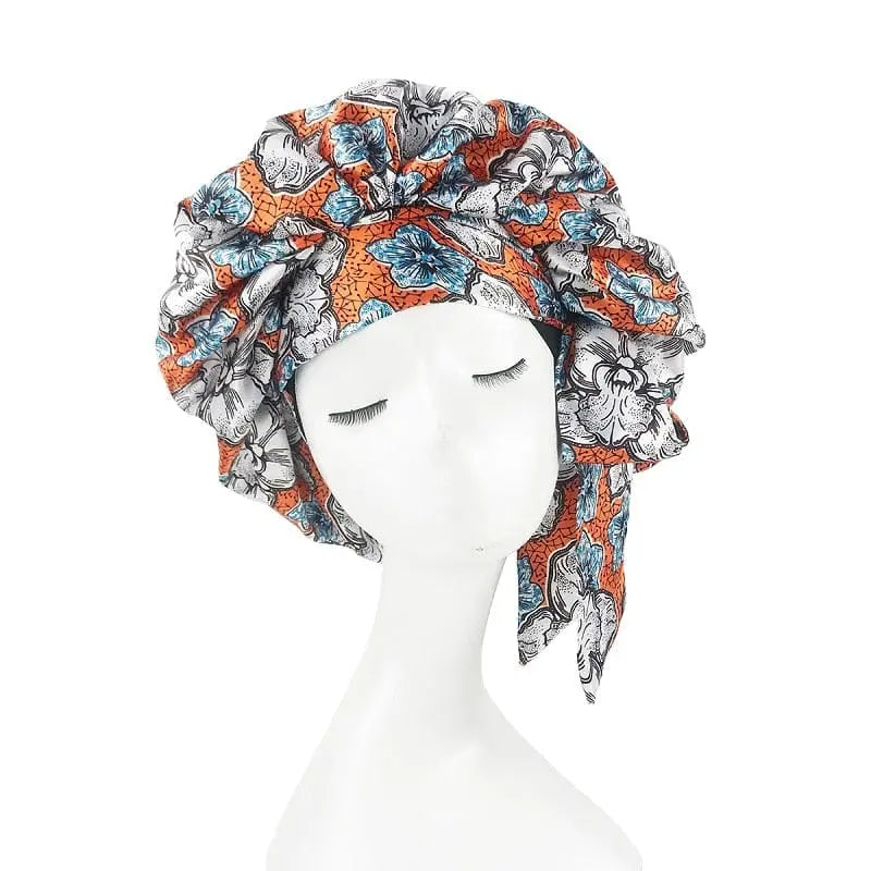 Showlu Store Nation African print satin bonnet with adjustable wide band, elastic head wrap, ideal for nighttime sleep and hair protection.