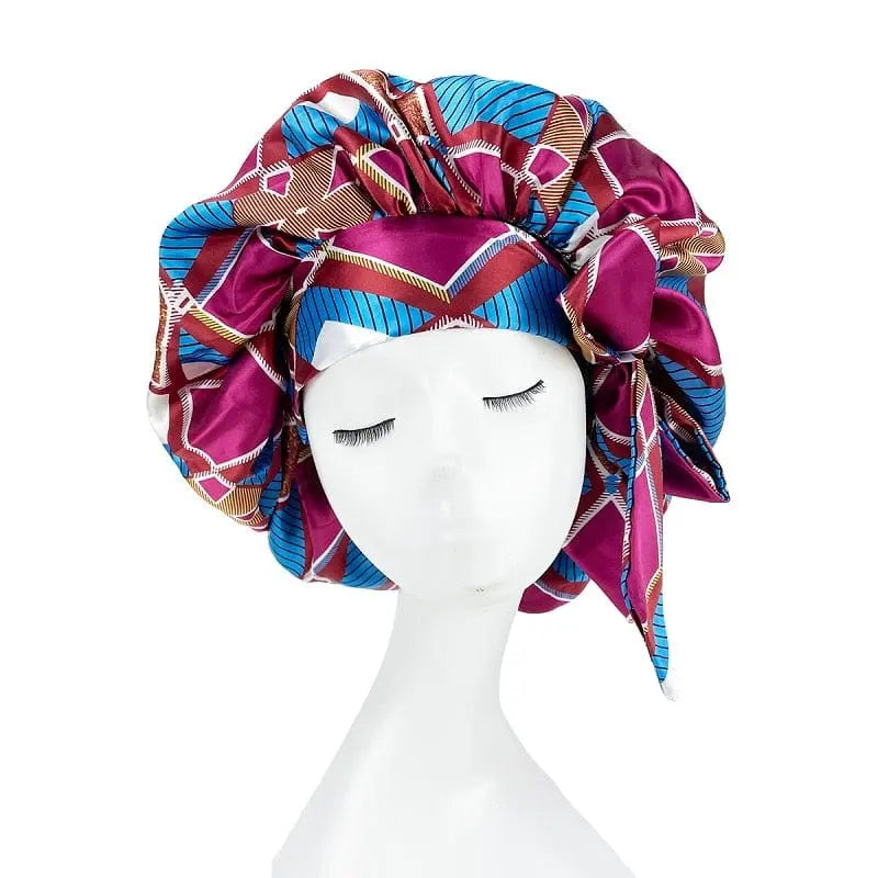 Showlu Store Nation African print satin bonnet with adjustable wide band, elastic head wrap, designed for comfortable sleep and hair protection