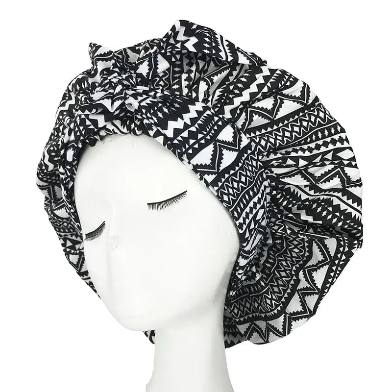 African print satin bonnet with adjustable wide band, elastic head wrap, designed for comfortable, stylish sleep cap for women.