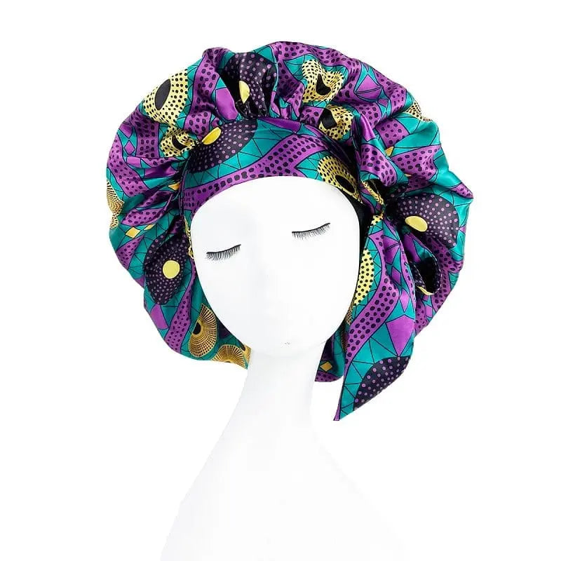 African print satin bonnet with adjustable wide band, elastic head wrap, designed for women’s sleep and hair protection.