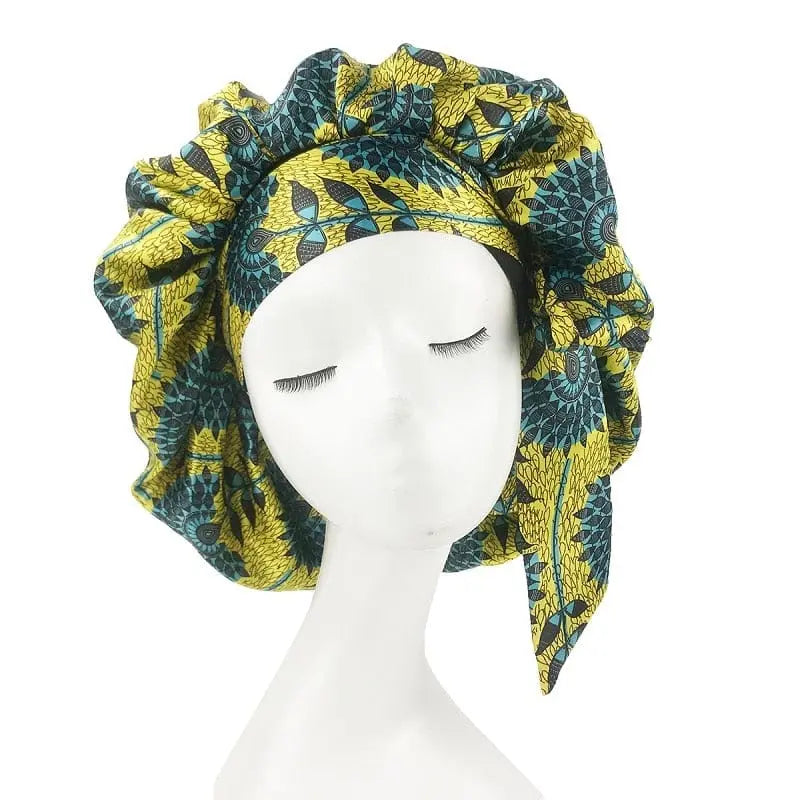 African print satin bonnet with wide adjustable band, elastic head wrap for women’s sleep and hair protection by Showlu Store Nation
