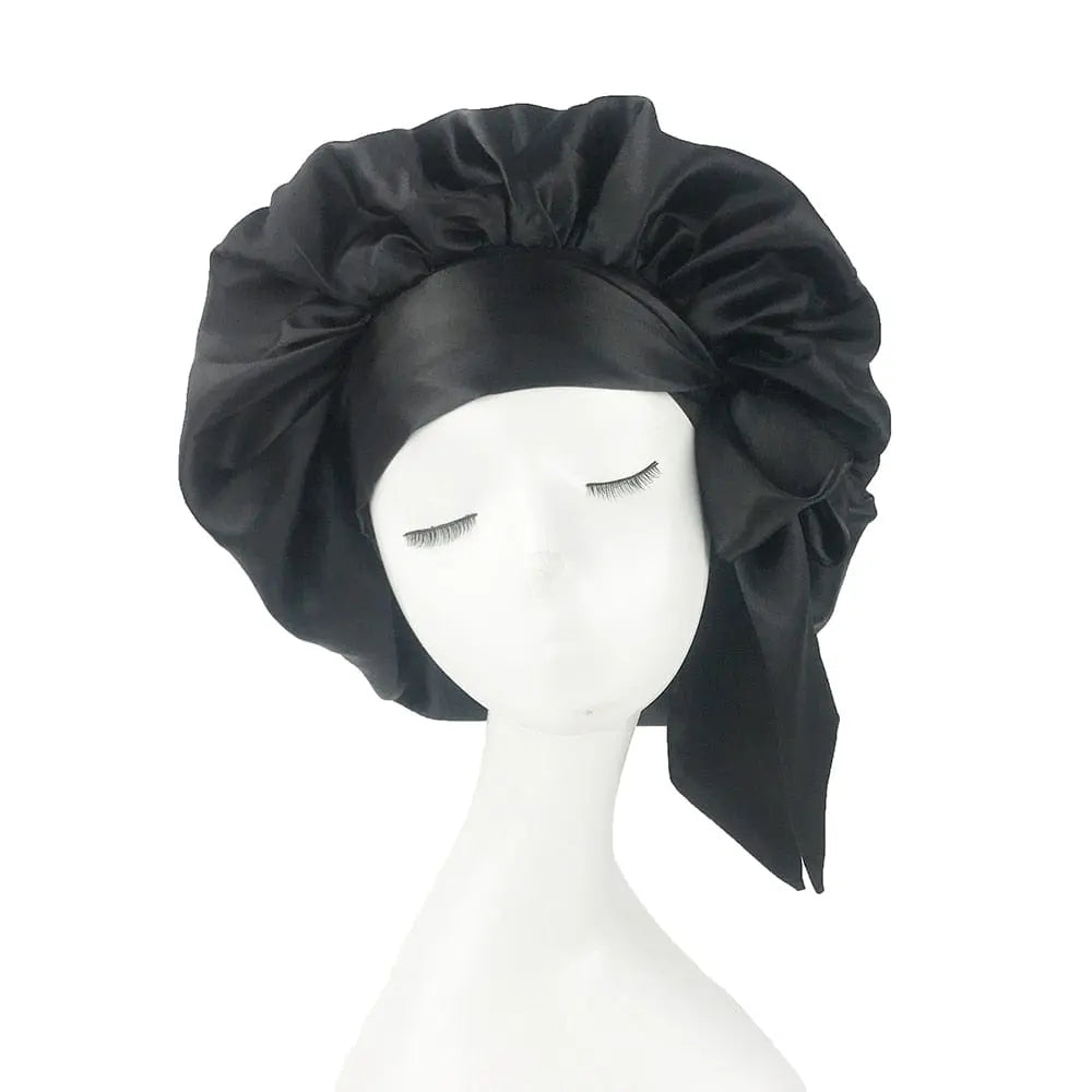 African print satin bonnet with adjustable wide band, elastic head wrap, perfect for sleep or hair protection.