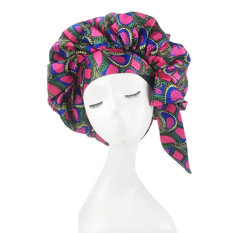 Showlu Store Nation African print satin bonnet with adjustable wide band, elastic head wrap, designed for comfortable sleep and hair protection