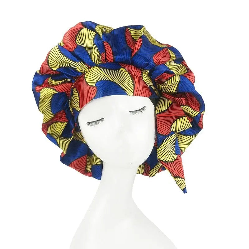 African print satin bonnet with adjustable wide band, elastic head wrap for women’s sleep cap and hair protection from Showlu Store Nation.