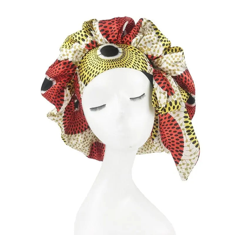African print satin bonnet with adjustable wide band, elastic head wrap, designed for comfortable sleep and hair protection.