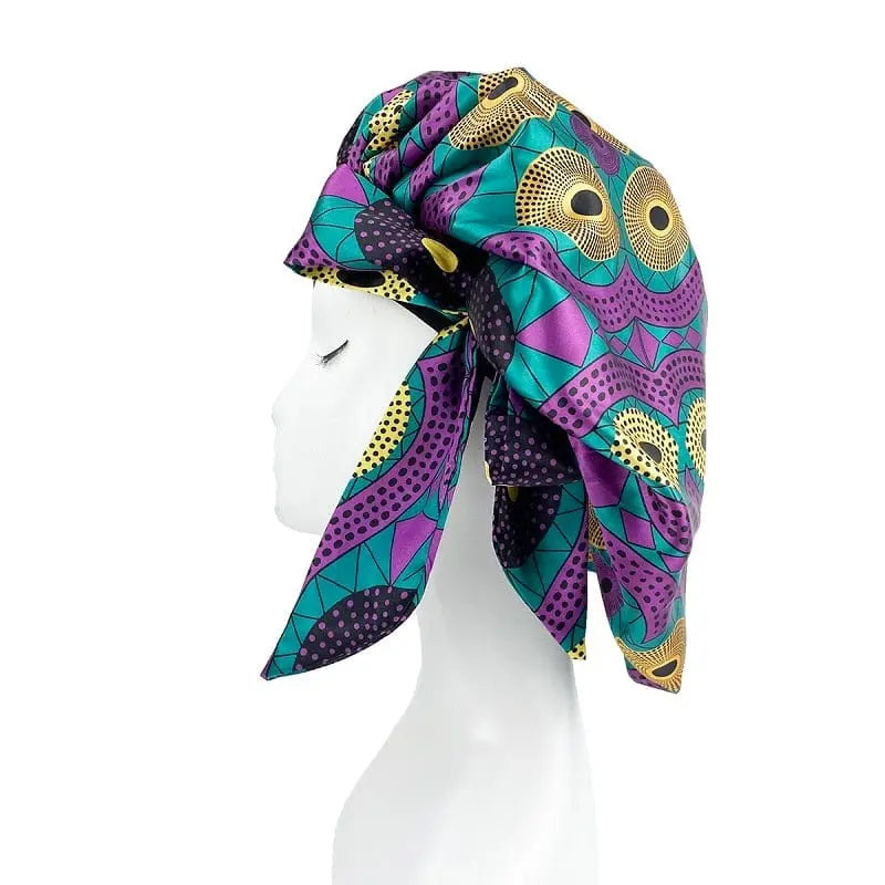 African print satin bonnet with adjustable wide band, elastic head wrap, designed for women’s sleep and hair protection.