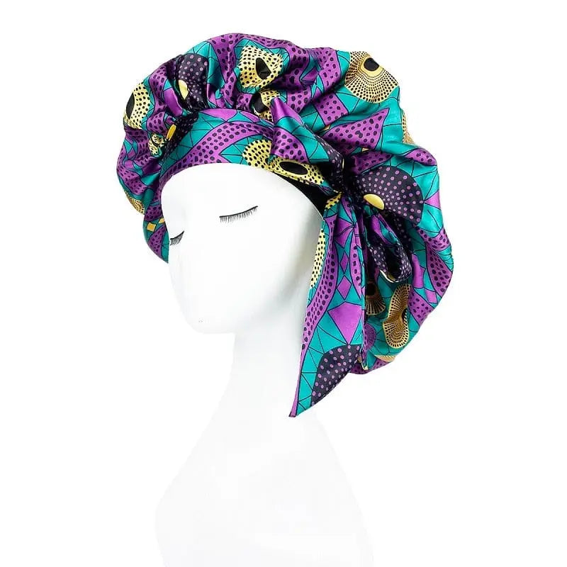 African print satin bonnet with adjustable wide band, elastic head wrap, ideal for women’s sleep and hair protection.