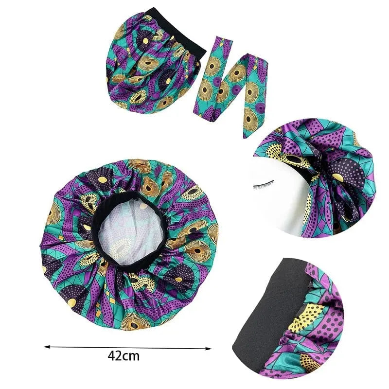 African print satin bonnet from Showlu Store Nation, adjustable wide band sleep cap with elastic head wrap for women.
