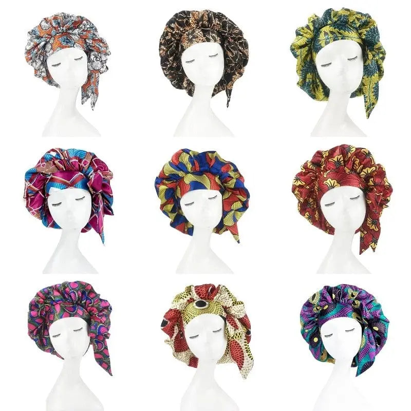 African print satin bonnet with adjustable wide band, elastic head wrap, designed for women’s sleep cap by Showlu Store Nation