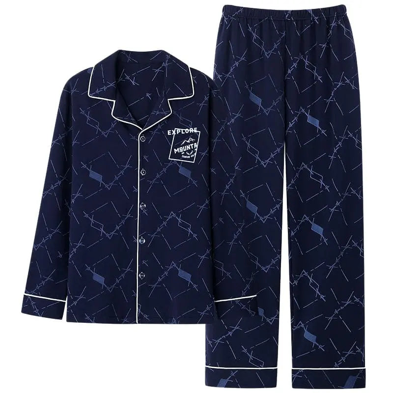 Showlu men's 100% cotton pajama set with long sleeve cardigan, lapel collar, casual winter sleepwear, plus size available