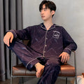 Showlu men's 100% cotton long sleeve cardigan pajamas set, casual sleepwear with lapel collar and comfortable fit.