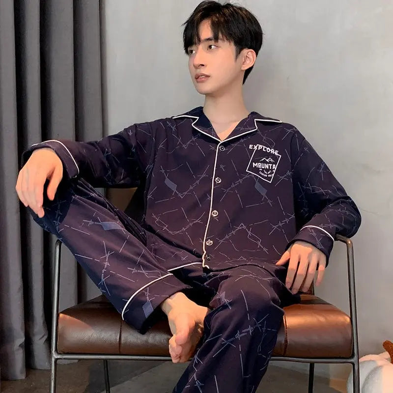 Showlu men's 100% cotton long sleeve cardigan pajamas set, casual sleepwear with lapel collar and comfortable fit.