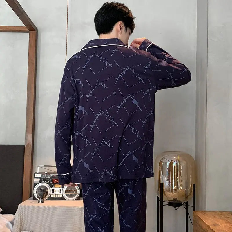 Showlu men's 100% cotton long sleeve cardigan pajama set with lapel collar, casual sleepwear, suitable for winter and plus sizes.