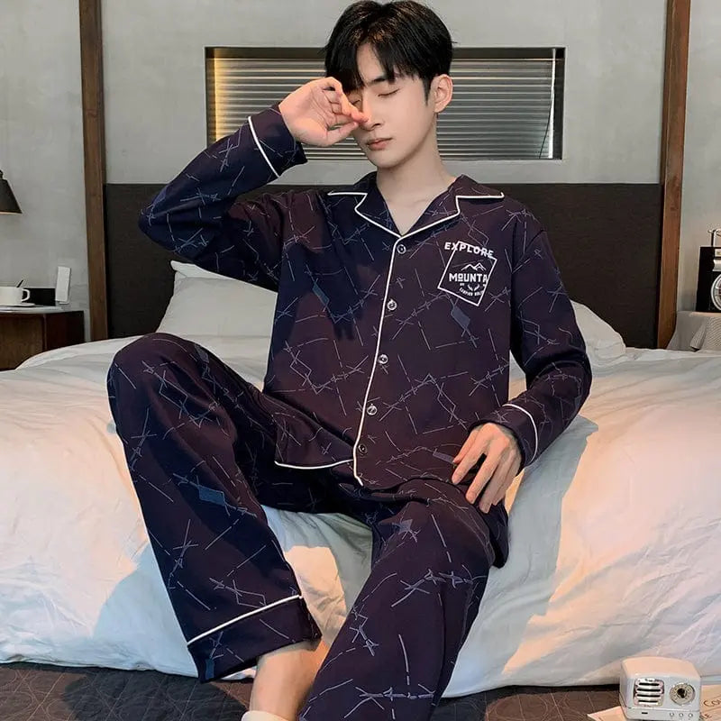Showlu men's 100% cotton long sleeve cardigan pajamas set with lapel, casual sleepwear designed for comfort and warmth.