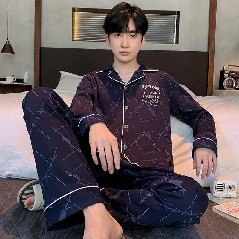 Men's Showlu cotton pajama set with long sleeve cardigan, lapel collar, and casual sleepwear design, suitable for winter nights.