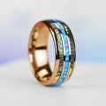 Showlu 8mm rose gold tungsten ring with abalone shell and blue opal inlay, stylish men's wedding jewelry.