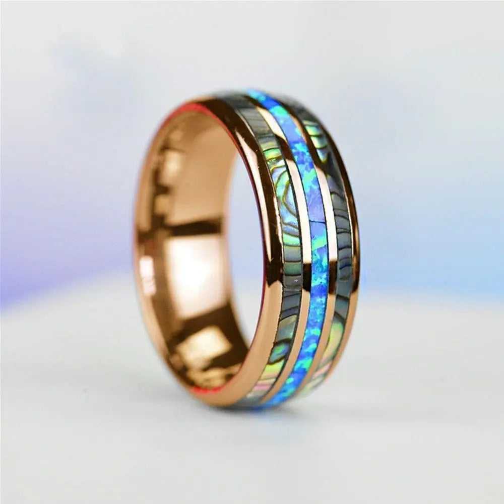 Showlu 8mm rose gold tungsten ring with abalone shell and blue opal inlay, stylish men's wedding jewelry.