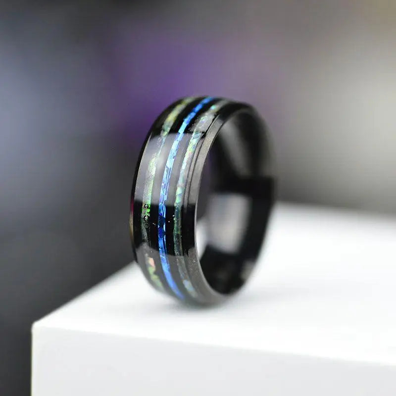 Showlu 8mm rose gold tungsten ring with abalone shell and blue opal inlay, men's wedding jewelry, stainless steel design