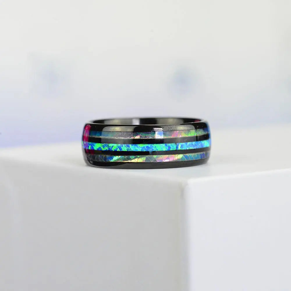Showlu 8mm rose gold tungsten ring with abalone shell and blue opal inlay, men's wedding jewelry, stylish and durable design