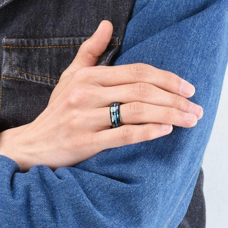 Showlu 8mm rose gold tungsten ring with abalone shell and blue opal inlay, men's wedding jewelry, stainless steel design