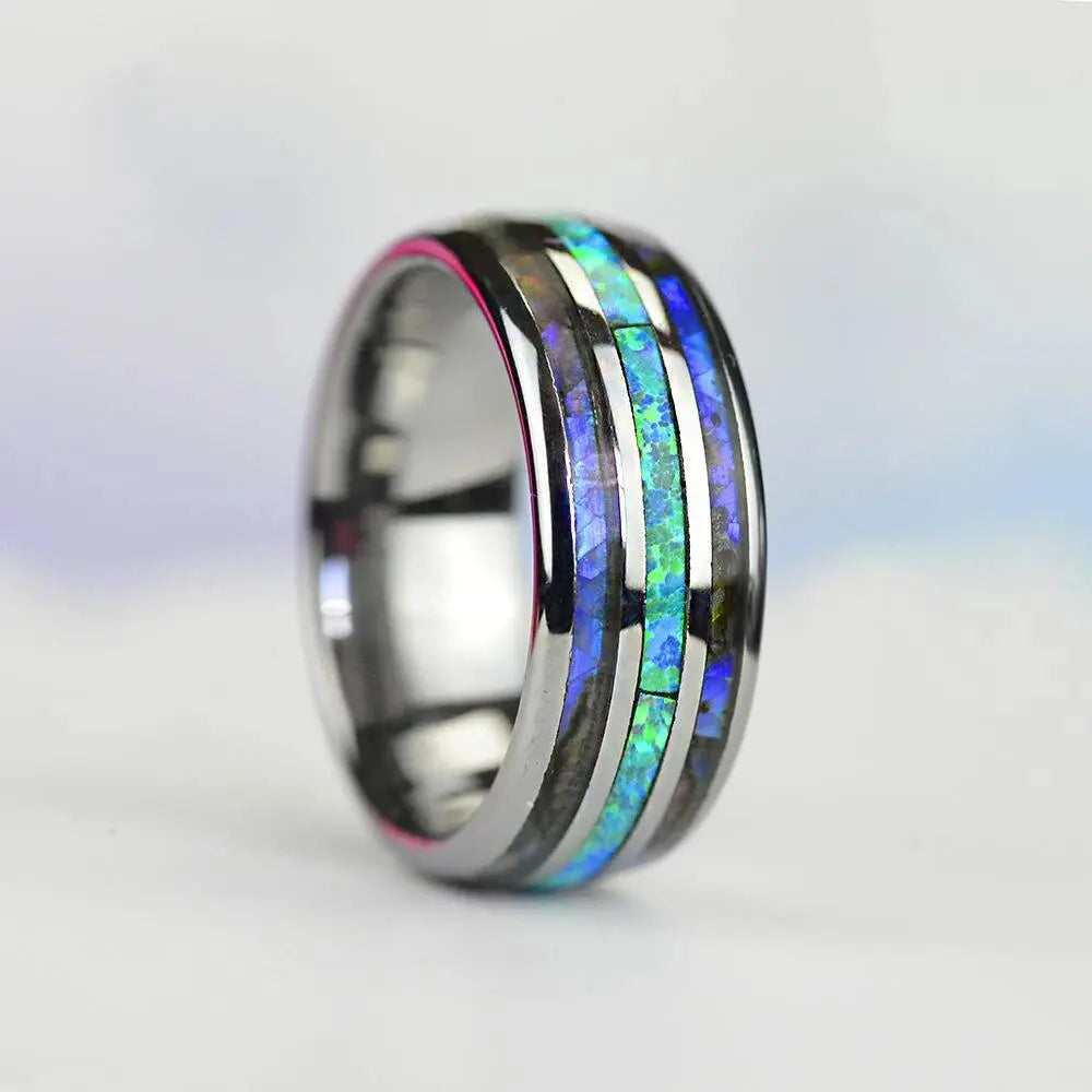 Showlu 8mm rose gold tungsten ring with abalone shell and blue opal inlay, men's wedding jewelry, stainless steel design