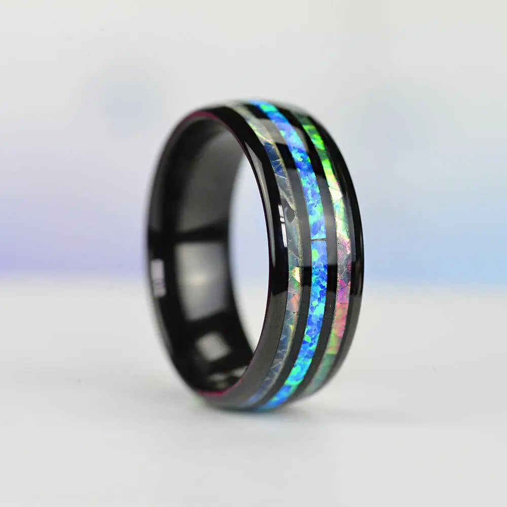 Showlu 8mm rose gold tungsten ring with abalone shell and blue opal inlay, men's wedding jewelry with stainless steel finish.