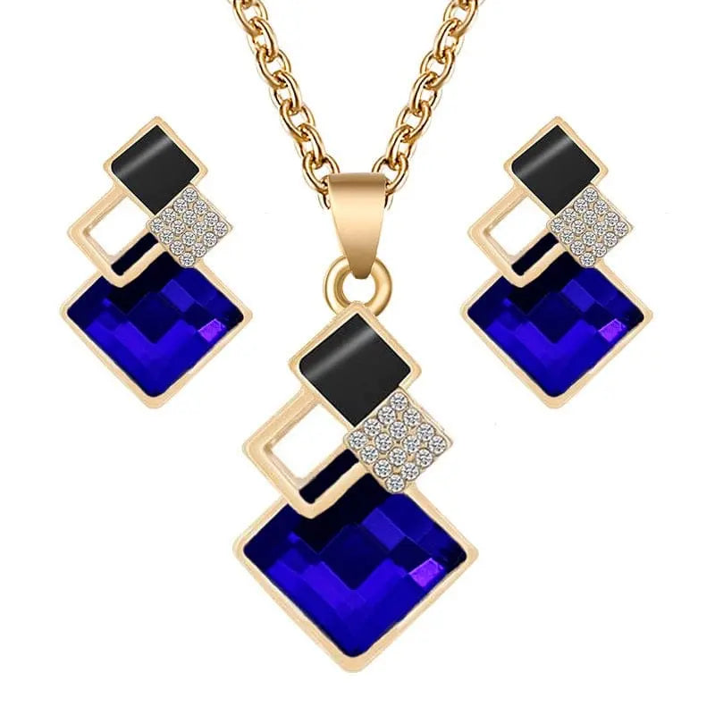 Cenmon Crystal bridal jewelry set with geometric necklace and matching earrings, featuring sparkling crystals for wedding or special occasions.