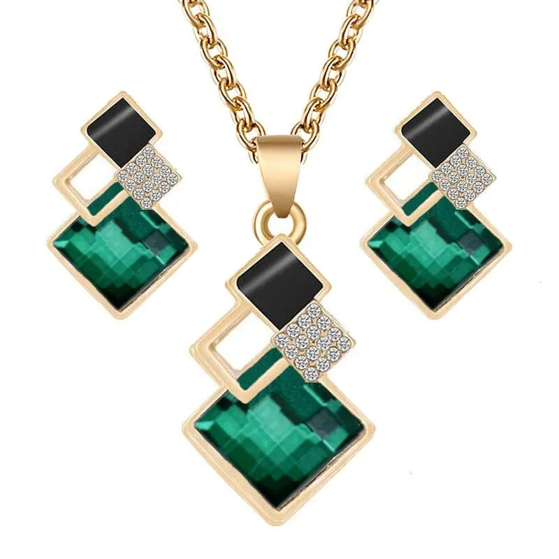 Cenmon crystal bridal jewelry set with geometric necklace and earrings, featuring sparkling crystal pendants for women’s wedding attire.