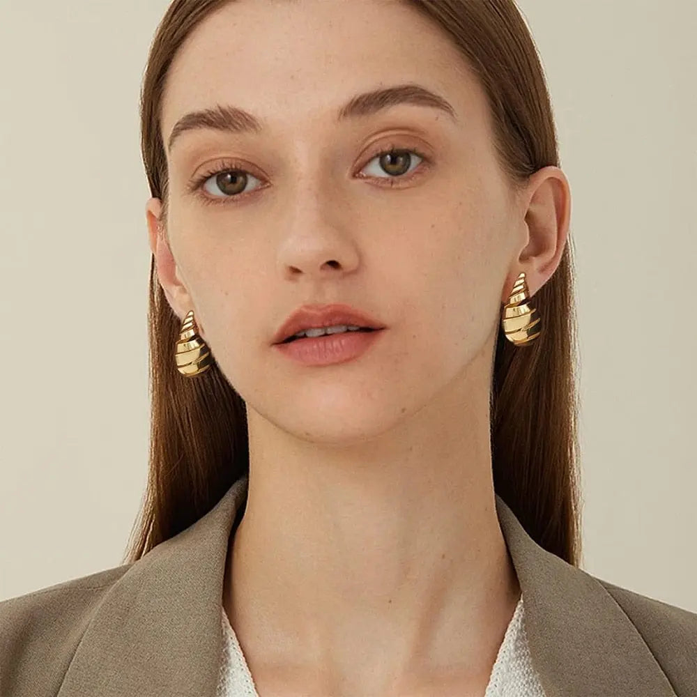 Gold plated teardrop earrings with chunky water drop design, glossy hoops, lightweight jewelry for women, Showlu Fashion Store.