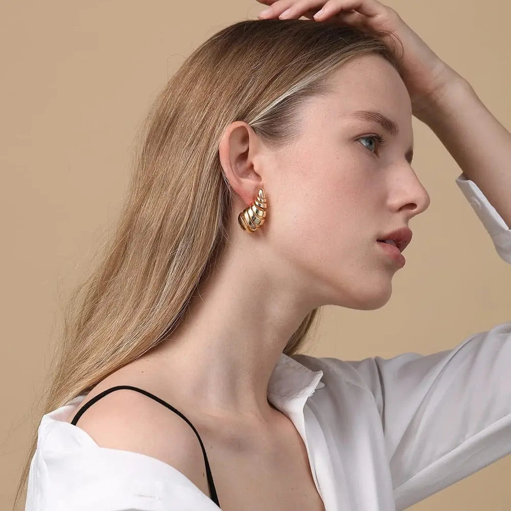 Gold plated teardrop earrings by Showlu Fashion, chunky water drop hoops with glossy finish, lightweight jewelry for women.
