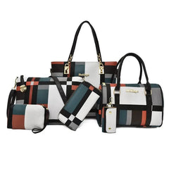 The Fashion Ladies Bag Handbags Sets 6 in 1 Handbag for Women features six matching bags with a bold geometric plaid in black, white, teal, orange, and gray, accented by gold hardware and sturdy black handles.